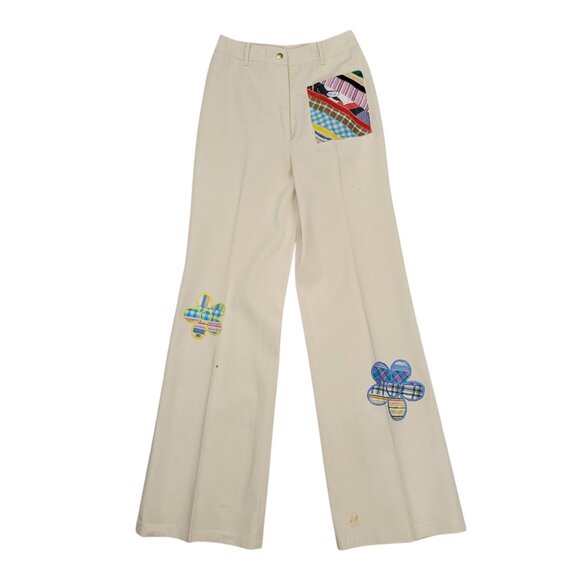 WENJILLI Vintage 70s 2pc Set 5/6 Beige Patchwork Snap Button Shirt Pants Hippie - Picture 6 of 16